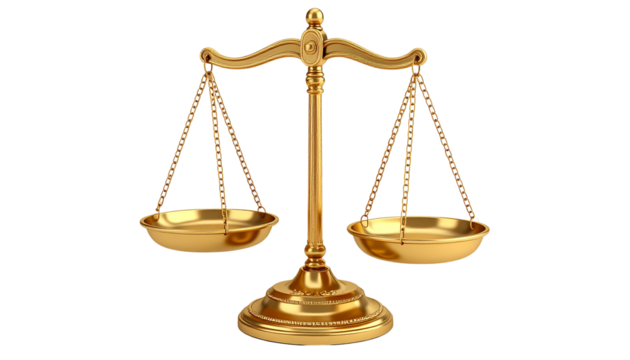 3D icon of golden balance scale representing equality and fairness, isolated on transparent background