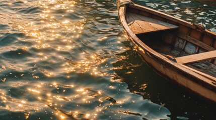 Obraz premium A Tranquil Scene of a Wooden Boat Gently Floating on Sparkling Water Under a Golden Sunlight Reflection