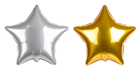 silver and gold star foil balloons isolated on white background