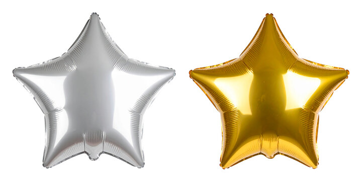 silver and gold star foil balloons isolated on white background