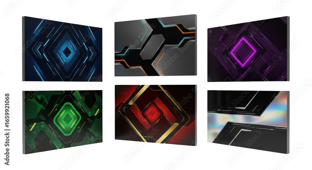 Aufkleber collection of abstract geometric patterns on dark background displaying modern design