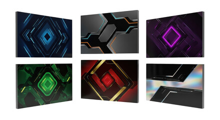 Collection of abstract geometric patterns on dark background displaying modern design