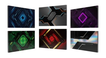 Collection of abstract geometric patterns on dark background displaying modern design