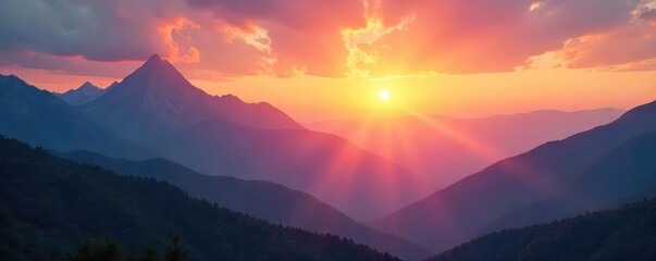 Serene Sunrise over Mystical Mountains Ethereal Light Bathes Majestic Peaks, Perfect for Meditation, Yoga, and Spiritual Themes. Ideal for Websites, Blogs, and Social Media.