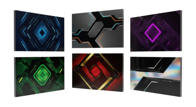 Collection of abstract geometric patterns on dark background displaying modern design