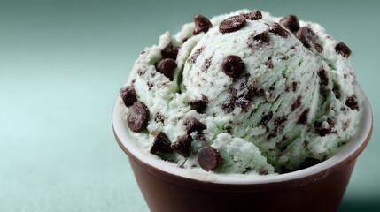 Mint ice cream with chocolate chips in a bowl