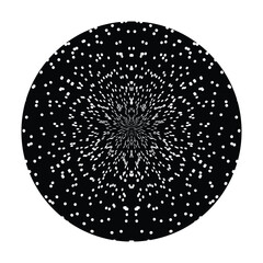 A mesmerizing black and white circular artwork featuring a symmetrical explosion of white dots that creates a powerful optical illusion of infinite depth and perspective.