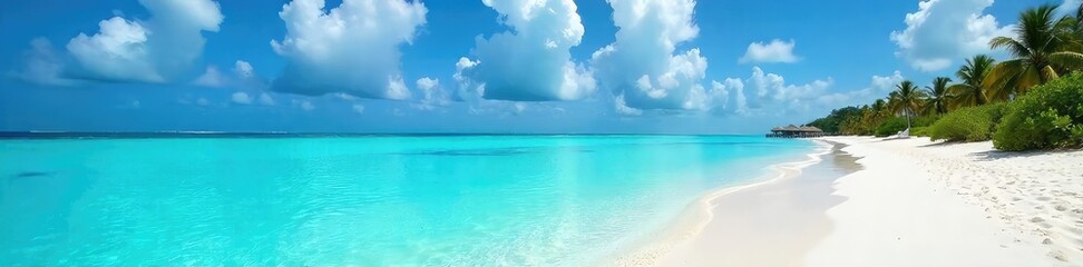 Fototapeta premium Turquoise Waters Lap Pristine White Sands in the Maldives Idyllic Tropical Beach Paradise Perfect for Travel Brochures and Websites