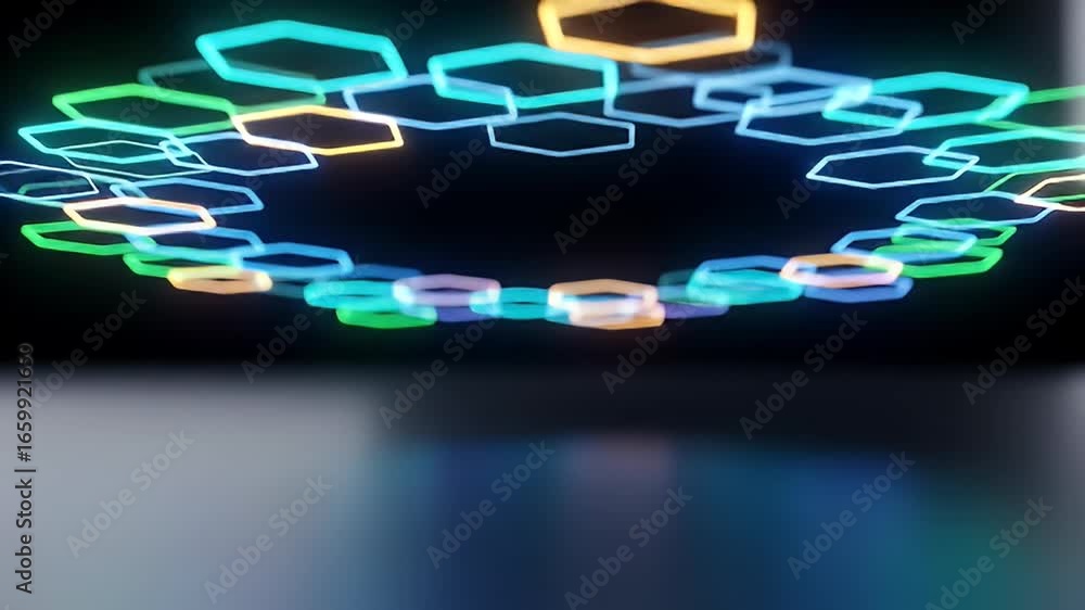 Poster rotating hexagons forming circle with light trails animation