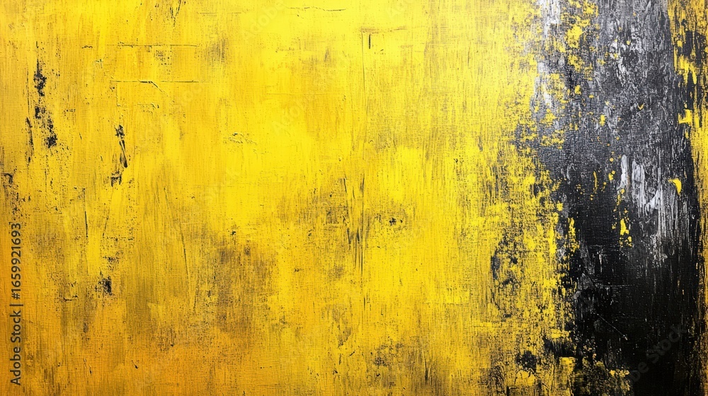 Poster a textured abstract painting with vibrant yellow dominating the left side and contrasting dark gray 
