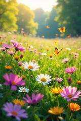 Obraz premium Vibrant Wildflower Meadow in Springtime Bloom Butterflies Dance in a Peaceful Idyllic Landscape