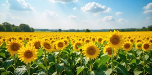 Obraz premium Sunflowers Stretching to the Horizon Under a Bright Summer Sky A Stunning Display of Tranquil Natural Beauty