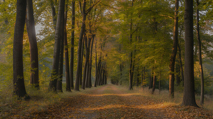 Fototapeta premium Enchanting autumn forest path with golden sunlight filtering through the trees creating a serene and peaceful natural landscape scene perfect for wallpaper or background use