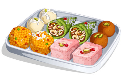 Tray of Mix Indian Sweets - Boondi Ladoo, Rose Kalakand, Gulab Jamun, Kaju Gulkand Paan Barfi and Rasgulla. Traditional Celebratory Mithai Illustration