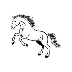 Black and white illustration of a running horse. Monochrome image of a horse. Design element for logo, sign, poster, emblem. Vector illustration