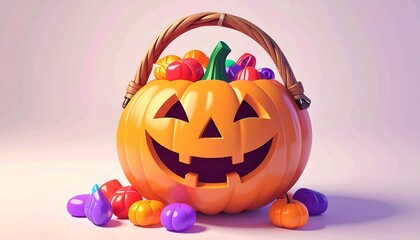 Fototapeta premium Halloween pumpkin candy basket, halloween candy, sugar candy in the pumpkin basket ilustration, Halloween pumpkin basket, Trick or Treat