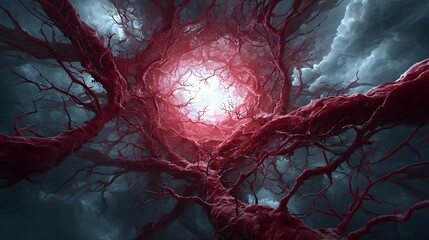 A captivating and enigmatic abstract image featuring a tangled web like network of organic blood red structures against a dark atmospheric backdrop