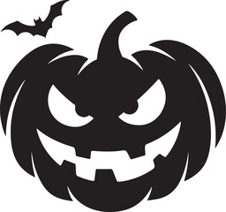 Black silhouette of a spooky jack o lantern with a bat halloween pumpkin