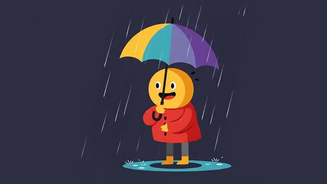 Cartoon Character Holding Colorful Umbrella in Rainy Weather in Simple Animation Style