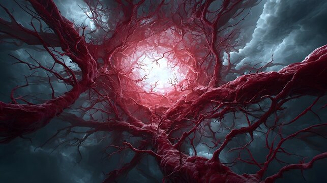 A captivating and enigmatic abstract image featuring a tangled web like network of organic blood red structures against a dark atmospheric backdrop