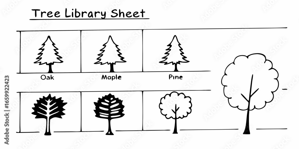 Poster illustration of a tree library sheet with oak maple pine and other tree types in a simple black and 