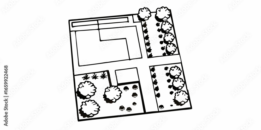 Poster overhead view of a property layout with a house trees and landscaping in a black and white drawing