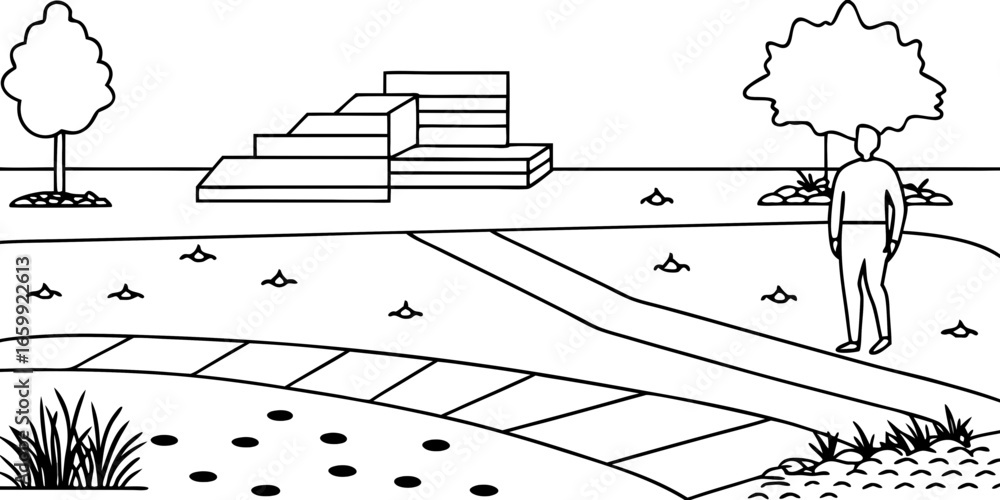 Poster line drawing of a park scene with trees steps path and a person standing near a tree in monochrome s