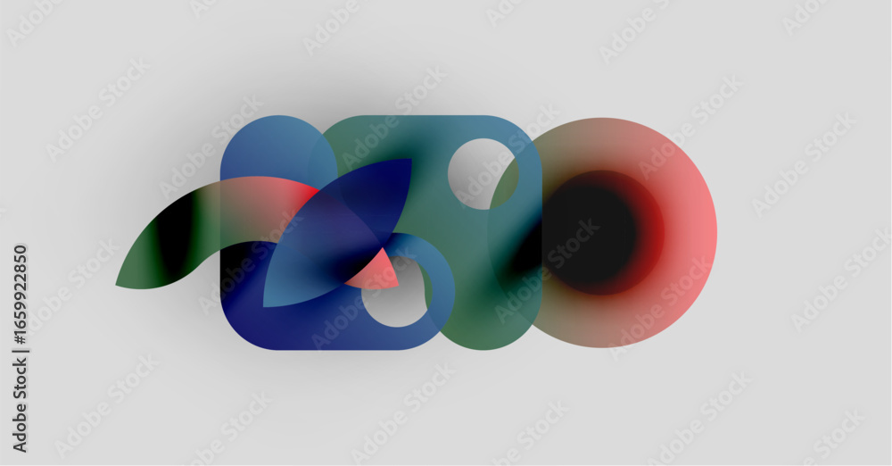Poster abstract shapes overlap, creating colorful translucent forms. soft gradients suggest depth, movement