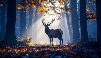 
Deer standing in a misty autumn forest, warm sunlight breaking through the trees, fallen orange leaves on the ground, cinematic wildlife photo, ultra realistic