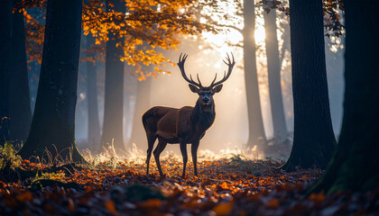 Deer standing in a misty autumn forest, warm sunlight breaking through the trees, fallen orange leaves on the ground, cinematic wildlife photo, ultra realistic