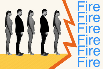 Full 3d poster artwork collage of puzzled businessman businesswoman stand crowd fired concept...