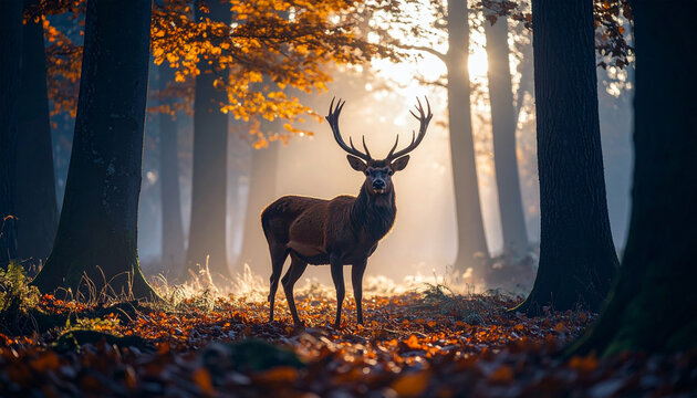 Deer standing in a misty autumn forest, warm sunlight breaking through the trees, fallen orange leaves on the ground, cinematic wildlife photo, ultra realistic