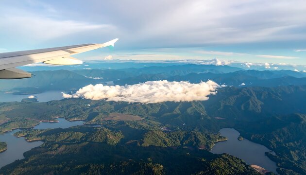 Aerial view of mountainous landscape from airplane window - Powered by Adobe