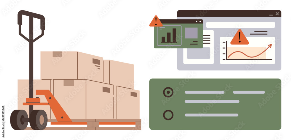 Poster pallet loaded with boxes beside digital dashboards with warning alerts highlighting risks. ideal for