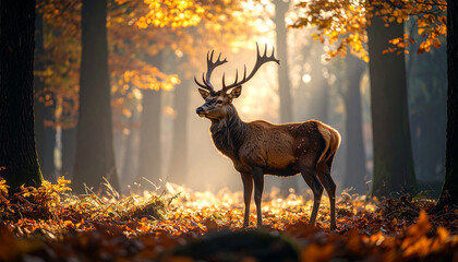 
Deer standing in a misty autumn forest, warm sunlight breaking through the trees, fallen orange leaves on the ground, cinematic wildlife photo, ultra realistic