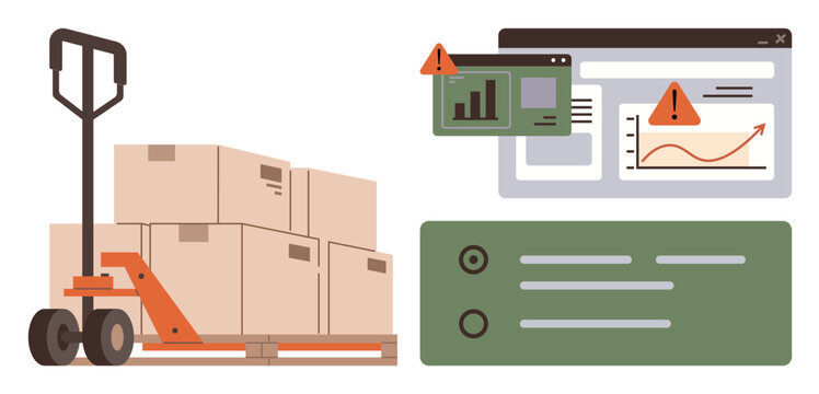 Pallet loaded with boxes beside digital dashboards with warning alerts highlighting risks. Ideal for logistics, supply chain, technology, efficiency, inventory management, risk detection