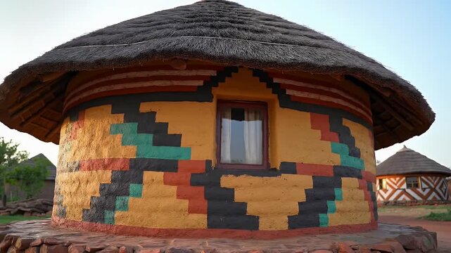 Thatched Roof Village Hut Featuring Intricate Geometric Wall Designs Under Clear Sky In Local District