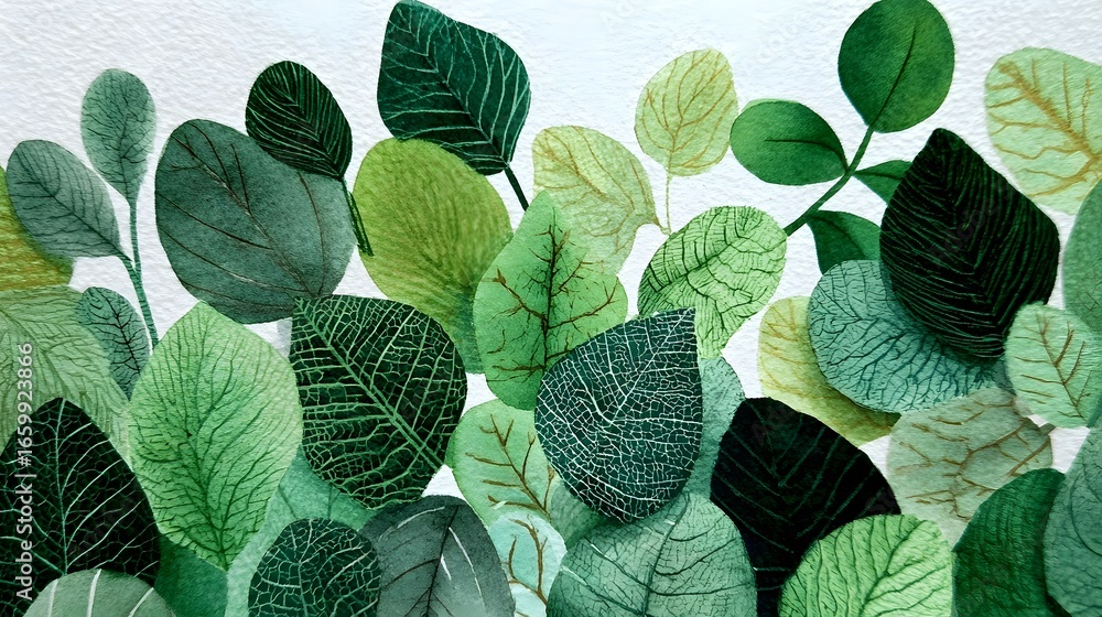Poster a captivating composition of overlapping symmetrical green leaves in various shades creating a seren