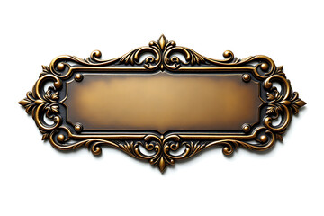 Vintage bronze rounded edges nameplate with intricate scrollwork frame isolated on white background	