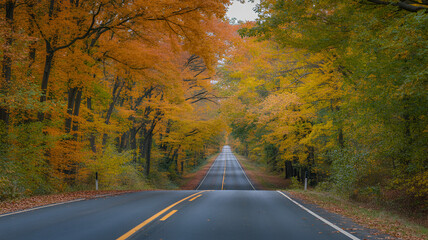 Naklejka premium Scenic Autumn Road Trip through Colorful Forest Landscape Featuring Vibrant Fall Foliage and a Long Asphalt Highway Leading to a Distant Horizon