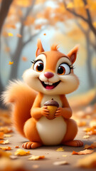 Fototapeta premium A cartoon squirrel smiling and holding an acorn in an autumn scene with falling leaves around it