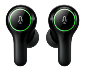 Wireless earbuds with built-in voice assistant and touch controls on the outer surface