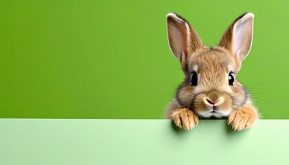 Obraz premium Cute rabbit peeking over a green surface in a bright indoor setting high-quality animal photography whimsical environment close-up perspective