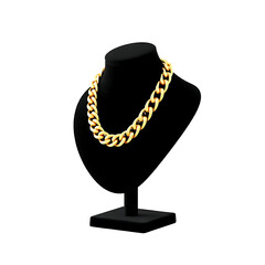 Premium golden chain displayed on a black velvet jewelry bust isolated on white background