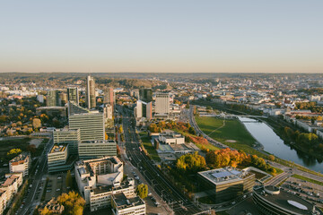 Beautiful Vilnius city panorama in autumn with orange and yellow foliage. Fall city scenery in Vilnius, Lithuania