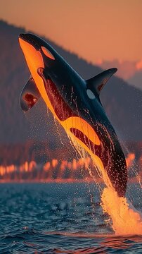 Vertical video orca whale breaching at sunset with a fiery orange glow