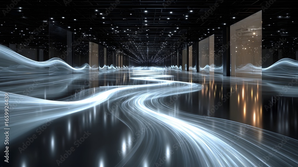 Poster a captivating display of fluid luminous light and dynamic motion within a sleek minimalist architect