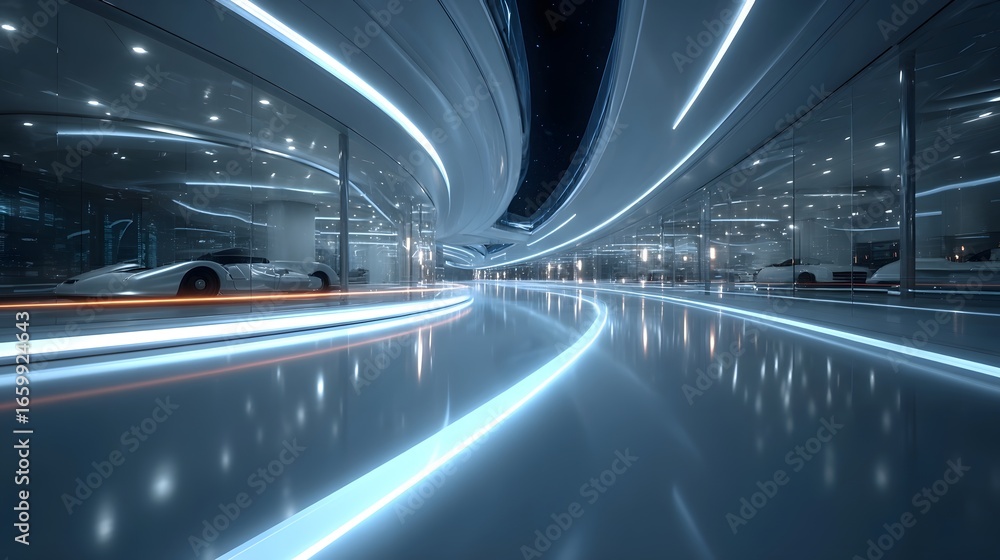 Poster a captivating expansive futuristic hallway with sleek luminous architecture and a sense of speed and