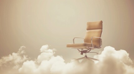 Surreal Retro Business Collage with a Floating Office Chair in Clouds symbolizes Dream Job, Freedom, Comfort, and Imagination.