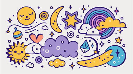 Whimsical Celestial Dreamscape Abstract Vector Wave Lines and Spirals